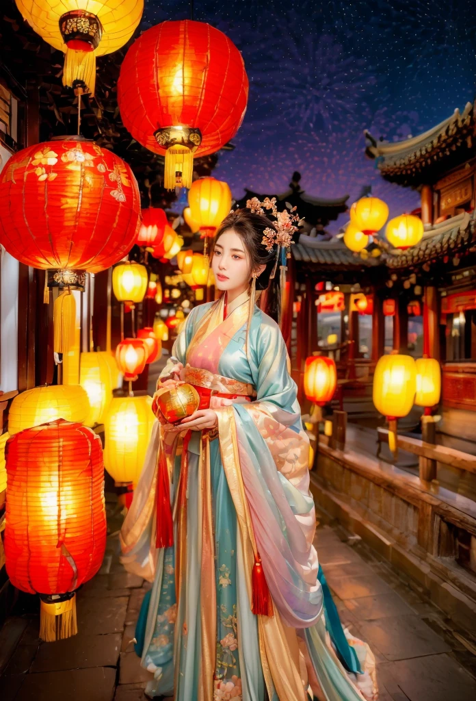 (Faraway view:1.9),The beautiful(Shanghai Yu Garden)Celebrate New Year's Day New Year's Countdown,new year 2024,(fireworks in the night sky:1.5),(((Hanging with many colorful arowana lanterns and decorations))),((Gorgeous Yu Garden)),((Fireworks bloom)),Beautiful reflection of fireworks and lanterns,a joyful atmosphere,((韩国女孩在Shanghai Yu Garden灯会展示她最美的红色汉服时尚舞蹈)),(pedestrians),Psychedelic stage,Ethereal atmosphere, (Anatomically correct, Delicate face makeup , pretty face, The face shape is perfectly proportioned),(Advanced facial details:1.1)A collection of shiny blue luxury Hanfu dresses,Gorgeous Hanfu costumes and Hanfu beauties,真实感,Amazing Cleavage, 电影灯光, Sony FE , wide angles, first person perspective, 8K, hyper HD, tmasterpiece, acurate, ctextured skin, high detal, Best quality at best, Award-Awarded,Shoot from a distance,Sense of distance, hanfu,nsfw