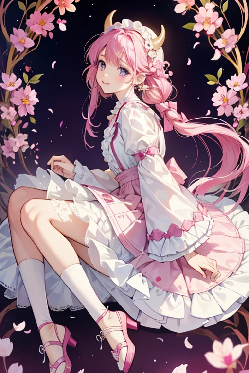 her hair is in thick braids with a magenta ombre toward the bottom decorated with light yellow bull horns. Her top is white with golden ruffles around the top part of her arm. Her sakura petals remain, but her skirt is now white with magenta cow-like spots and splits in the right. Underneath that is a longer white skirt that reaches near her feet in the back with a fuchsia insert inside. The bow in her back turns pale pink. Her shoes and stocking are now mostly white and her earrings are now blue butterflies