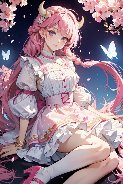 her hair is in thick braids with a magenta ombre toward the bottom decorated with light yellow bull horns. Her top is white with golden ruffles around the top part of her arm. Her sakura petals remain, but her skirt is now white with magenta cow-like spots and splits in the right. Underneath that is a longer white skirt that reaches near her feet in the back with a fuchsia insert inside. The bow in her back turns pale pink. Her shoes and stocking are now mostly white and her earrings are now blue butterflies