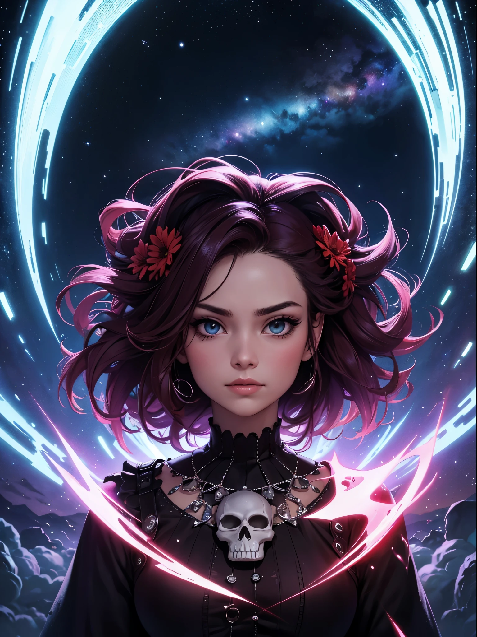 (Best quality,4K,A high resolution,tmasterpiece:1.2),ultra - detailed,actual:1.37,pixel sorted,(((Red ,fork, Rayloom flowers))),Interstellar clouds and fog background,Polished,silver skull,light composition,rainbowing,rainbowing around skull,Colorful,Domineering renderings of various structures,Brilliant circular composition,Alone