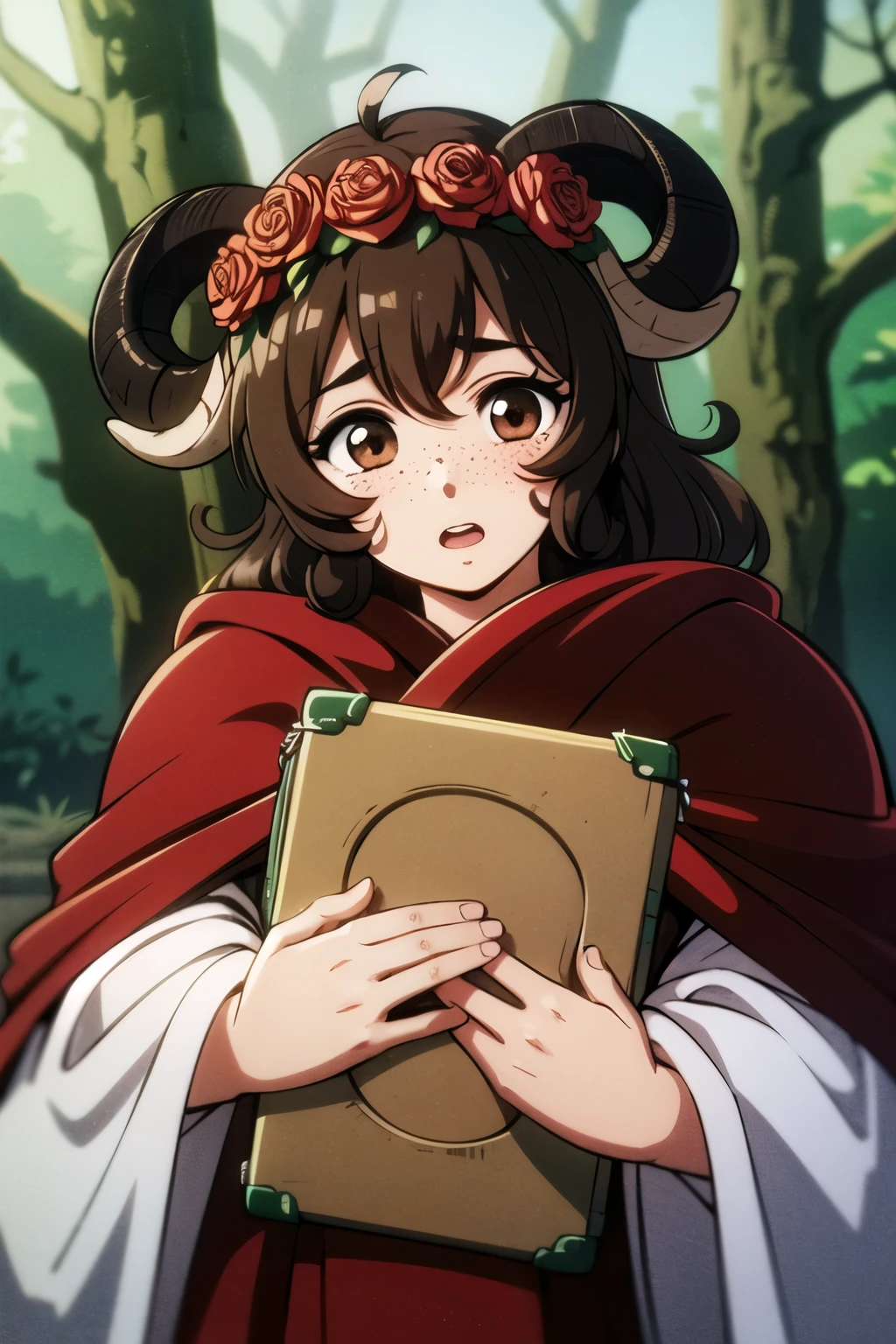 Satyr girl with wavy brown hair, brown eyes, freckles, and curly ram horns wearing a red cloak and a flower crown made of roses in a forest looking scared