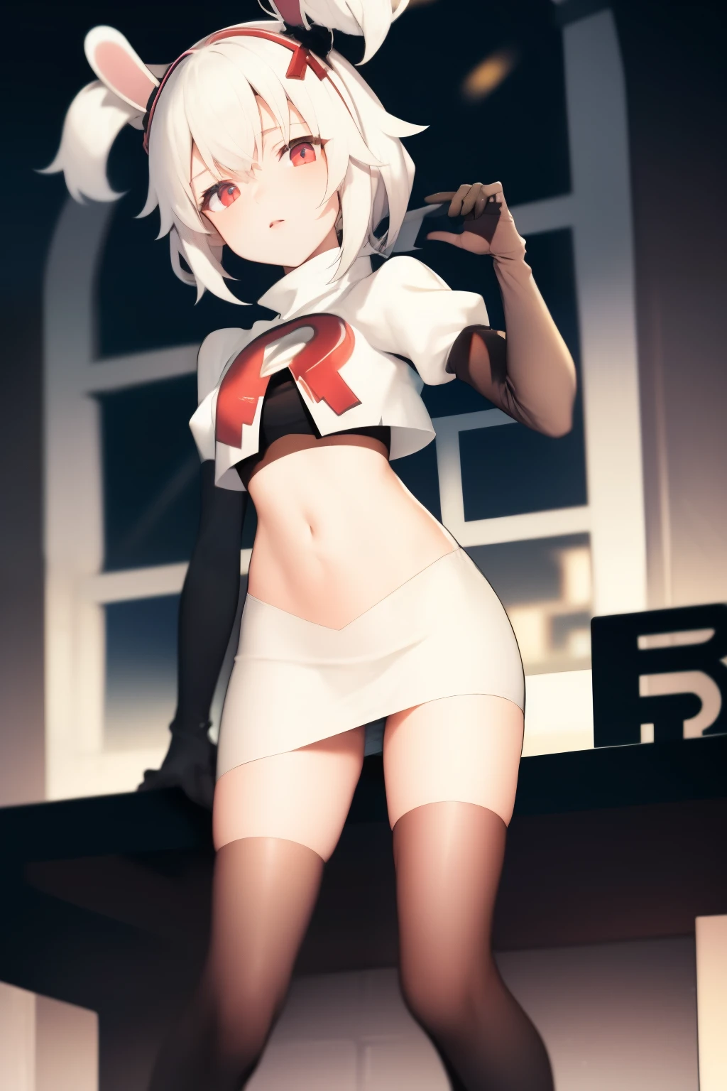 masterpiece, best quality, fake animal ears, solo, white hair,long twintails,team rocket,team rocket uniform,white skirt,red letter R,crop top,black thigh-highs,black elbow gloves,