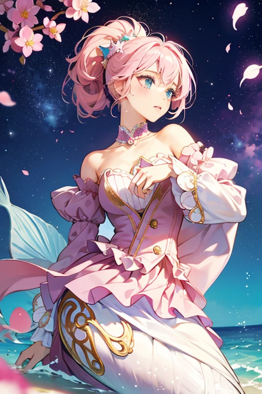 her hairstyle is similar to her normal form, but is mostly light pink with a fuchsia ombre on top and decorated with stars and a seashell. Her star accessories on top also turn blue. The bodice is mostly fuchsia and light pink with the bottom layer of her sleeves turning dark magenta along with yellow straps. The sakura petals and top layer of her skirt are light pink with light blue lining on the skirt and a dark fuchsia layer under it. She also now has a fuchsia and light blue mermaid tail decorated with a yellow and blue star.
