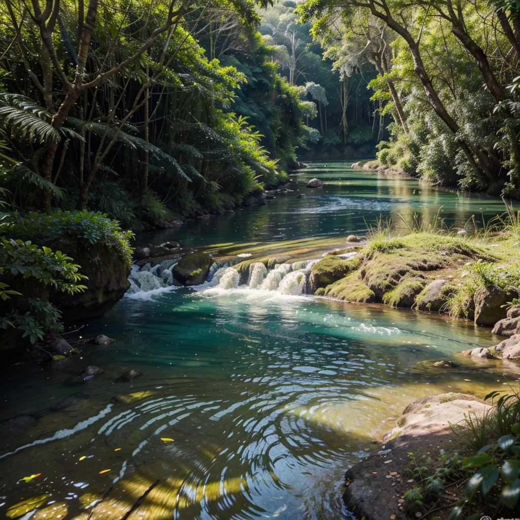 sobrevoando por cima uma floresta exuberante, No meio da floresta, a short river that cuts through the vegetation, formando um contraste entre o azul e o verde. O rio corre com rapidez, carrying crystal clear and refreshing waters. O sol ilumina com intensidade a cena, enhancing the brightness and colors of nature. River water reflects sunlight, creating a shimmering effect on the surface. As ondas e as correntes criam formas e movimentos variados, that catch your attention. It's a scene of pure beauty from above.
