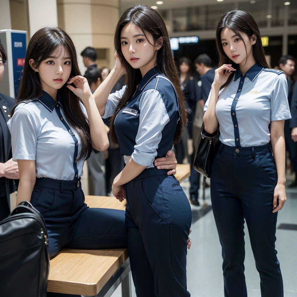(quality、超A high resolution、masterpiece:1.3), A photo of an extremely cute and beautiful Chinese female soldier, (cabelos preto e longos:1.2), , (Beautiful girl in detail:1.4), On the table, With bangs, Delicately moisturizes eyes, ctextured skin, Best quality at best, illustratio, ultra - detailed, finely detailled, A high resolution, 8K, the wallpaper, Perfect dynamic composition, 美丽细致的眼睛, natural lips, , Chopping, casual sexy pose, (Detailed dark blue tight uniform:1.3), ,(Tight dark blue trousers:1.3),(black heels:1.3) Airport at dusk, People working on the airport runway々々々々