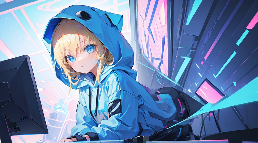 (1 girl, blonde hair, blue eyes, white hoodie, kawaii), (blue cyberpunk, shop with many monitors, blue neon), (low contrast, flat color, limited palette)