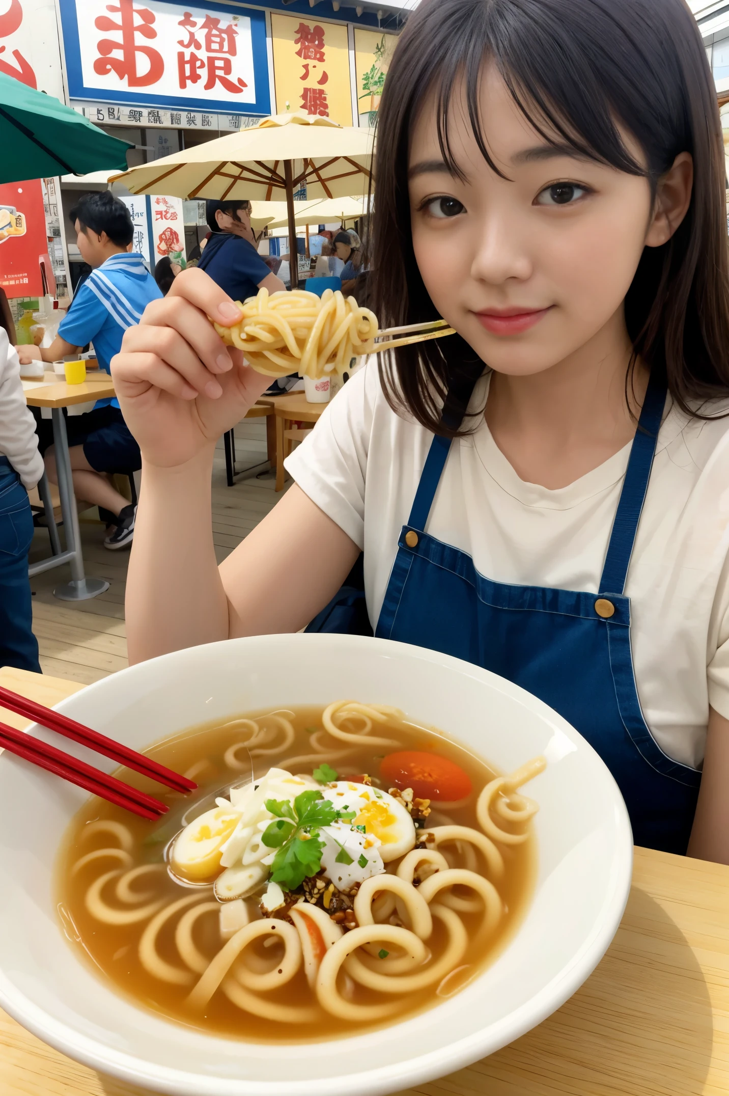 food stand、tea, 18years old women、Eating noodle、