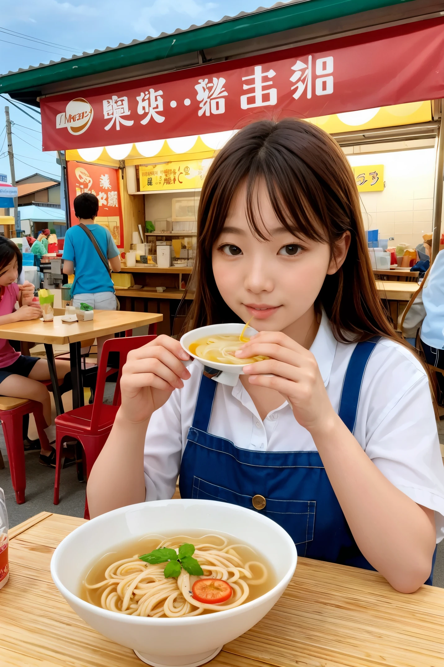 food stand、tea, 18years old women、Eating noodle、
