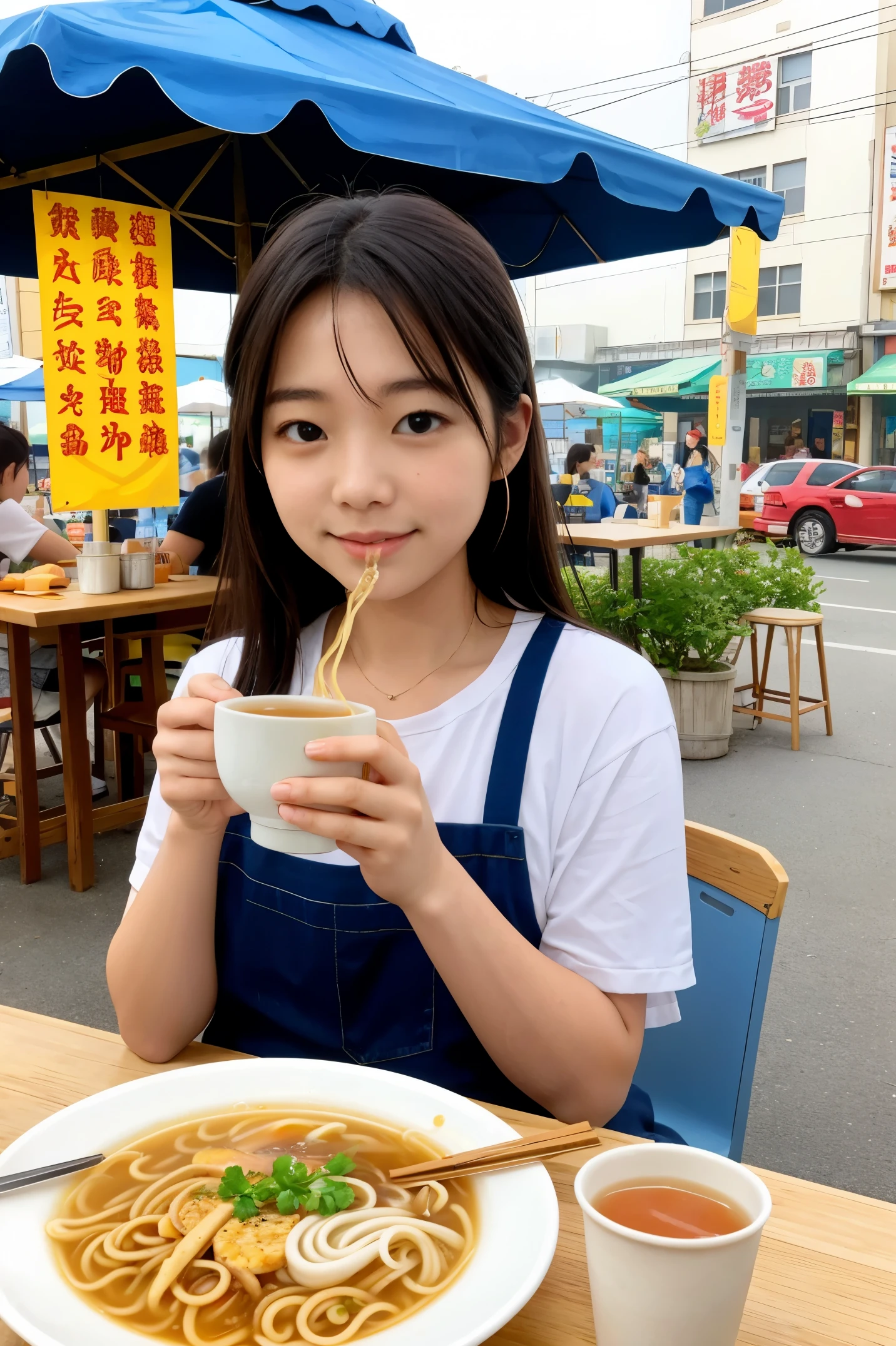 food stand、tea, 18years old women、Eating noodle、