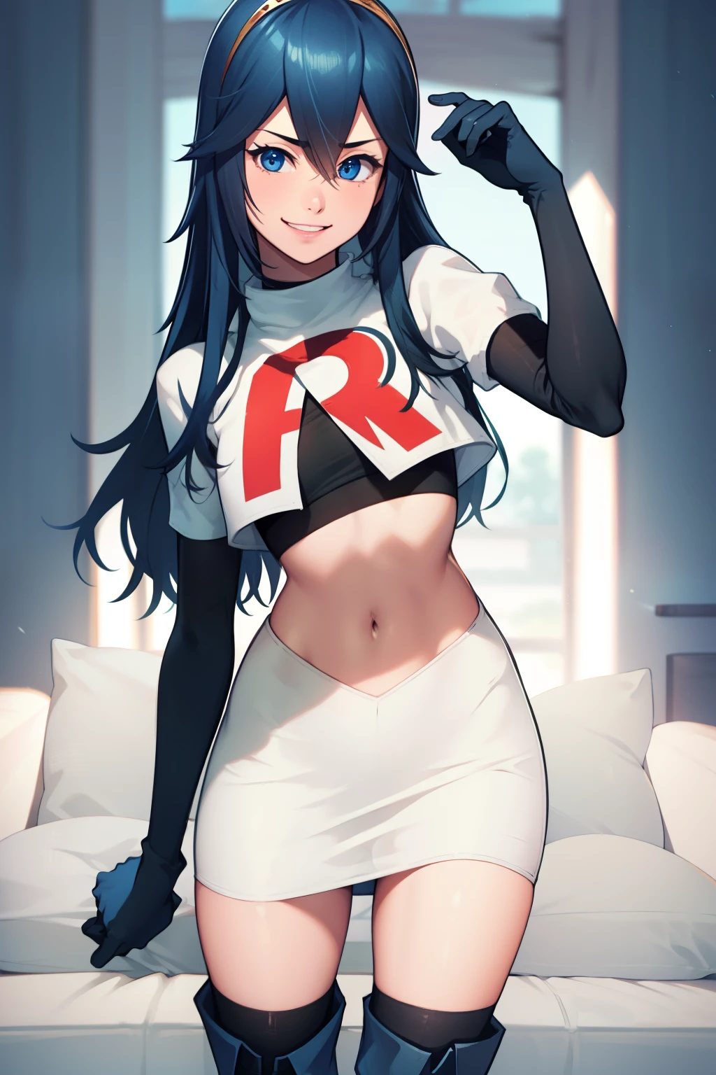 lucina fe ,rocket,team rocket uniform, red letter R, white skirt,white crop top,black thigh-high boots ,black elbow gloves, blue hair, evil smile, looking at viewer,