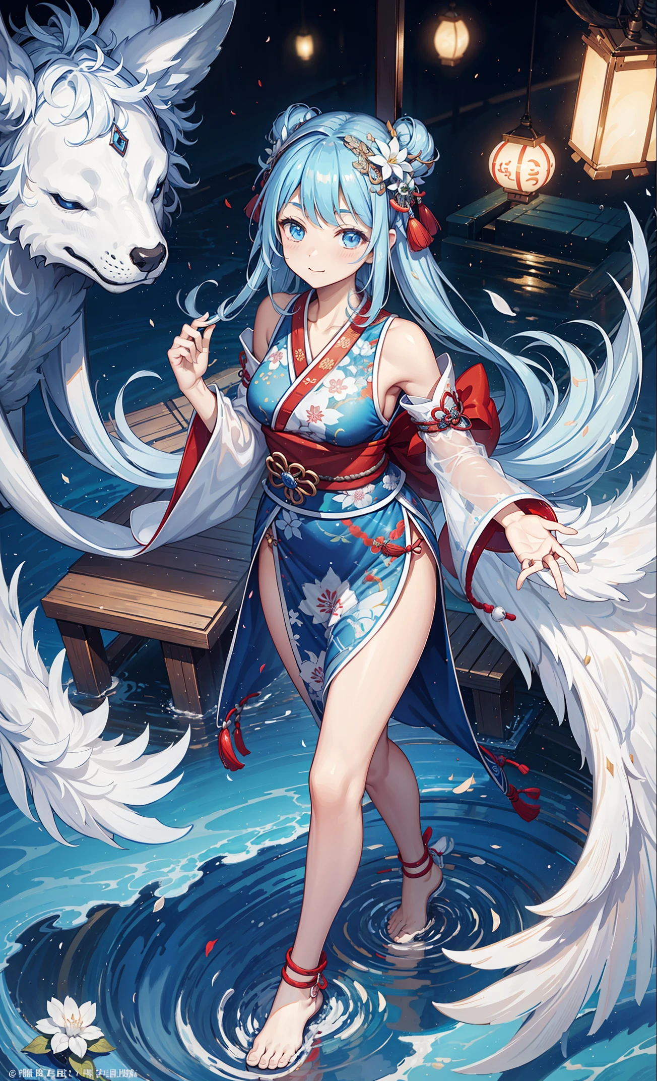 natta,themoon,game scenes,Ancient Chinese palaceull of mystery,Surrounded by clouds,age girl,having fun,glazed tiles,lanterns,Pure and transparent Hanfu,Obsessed,water fog,ink,Dazzle,unpredictable, tmasterpiece,high high quality,Beautiful graphics,high detal