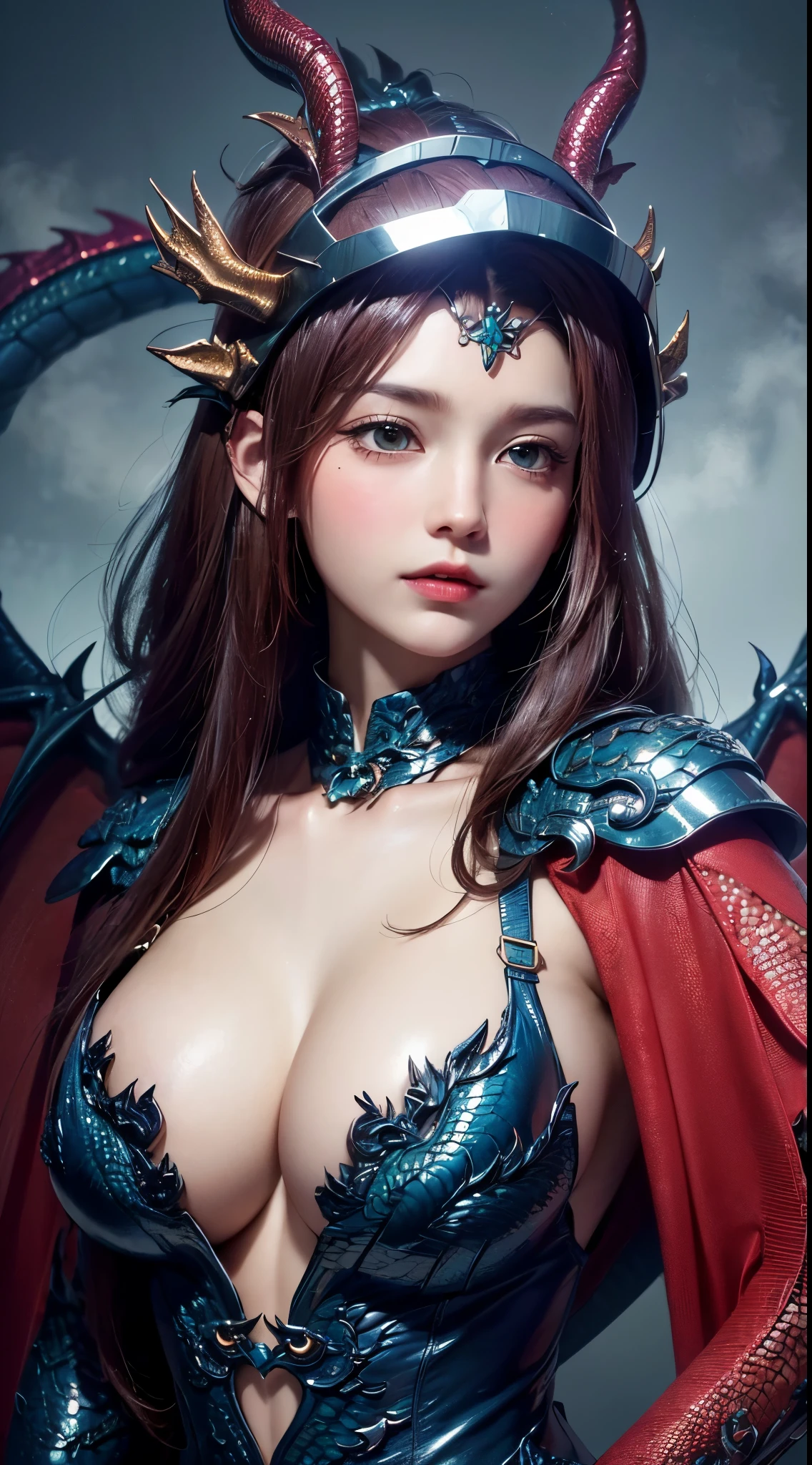 (UHD, retina, masterpiece, accurate, anatomically correct, textured skin, super detail, high details, high quality, best quality, high res, 1080P, HD, 4K, 8k, 16k), (beautiful detailed eyes, beautiful detailed lips, extremely detailed eyes and face), soft lighting, physically-based rendering, vivid colors, (large breasts:1.5), (portrait, shiny hair, shiny skin, blush), eye reflection, witch, (witch forest, bokeh), (dragon helmet, dragon wings, dragon tail, fog:1.5),