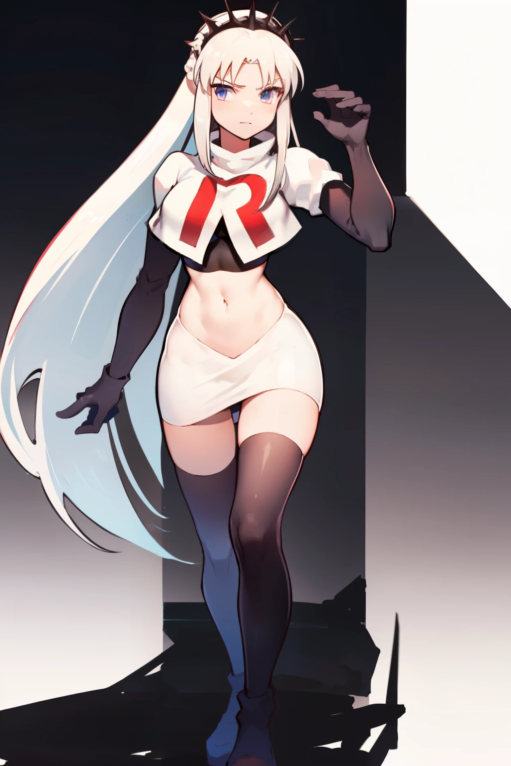 1 girl with long white hair, team rocket,team rocket uniform,white skirt,red letter R,crop top,black thigh-highs,black elbow gloves,