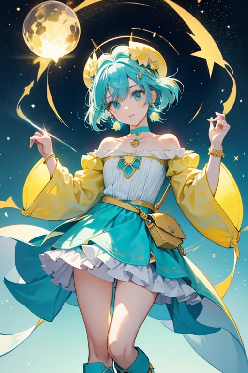 her eyes turn bright turquoise while her hair lightens and grows out slightly while losing its streaks. Her hair ornaments are replaced with stars, which are white with thick yellow outlines. Her gold headband has a yellow and white star with a pale yellow tail. Her antennae grow with a white and yellow star on each tip with pale yellow rings around them. Her top has a turquoise and light yellow swirl design with darker turquoise straps with her Star Color Pendant on top. Her sleeves are blue and bubble-shaped and are also translucent. Her bracelets are light blue with a matching cuff on top. Her puffy shorts are cyan and light blue with a purple loop design and a translucent light blue layer above it. On the left side is her carrying pouch. Her boots are short and cyan with pale yellow pom-poms, with a turquoise and blue gradient stocking on her left leg. Her accessories include a cyan choker and star-shaped earrings