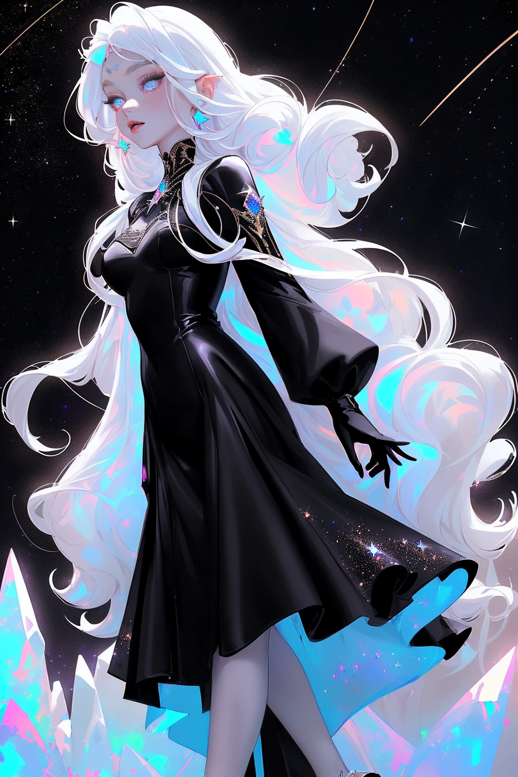 {-erro_de_anatomia:1.0} masterpiece, highest quality, (perfect face:1.1, (high detail)1.1, sweet Alien vampire , long soft white hair, opal eyes, perfectly drawn face, black dress, stars detailed background, prismatic lighting, glitter, whole body, walking feet under the stars