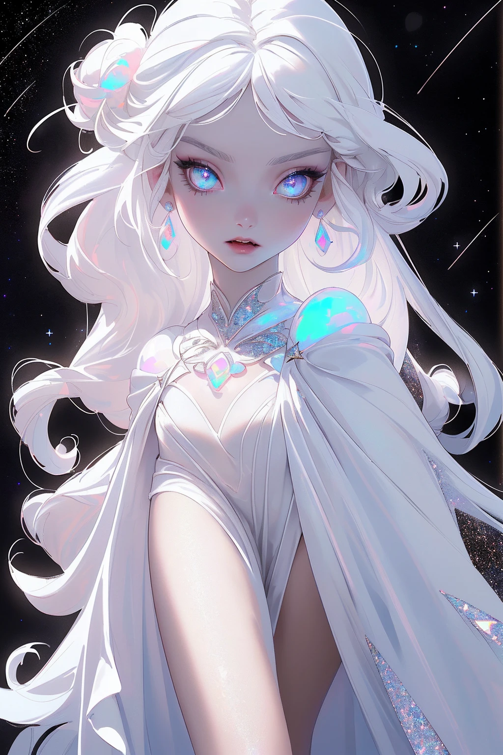 {-erro_de_anatomia:1.0} masterpiece, highest quality, (perfect face:1.1, (high detail)1.1, sweet Alien vampire , long soft white hair, opal eyes, perfectly drawn face, black dress, stars detailed background, prismatic lighting, glitter, whole body, walking feet under the stars