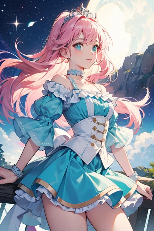 her hair grows mid-back length and is decorated with more stars. The ones she already has now have a white tail at the end of each, and her headband is replaced by a tiara. Her choker gains a white frill trim around the top. Her top now has pastel pink stripes and her Star Color Pendant is on a white bow. Her sleeves become slightly frilled and the cuffs on her bracelets become translucent. Her shorts are now completely light blue with the top part of it becoming a skirt layer while underneath it is another light turquoise layer. Her shoes now have a translucent cuff on top.