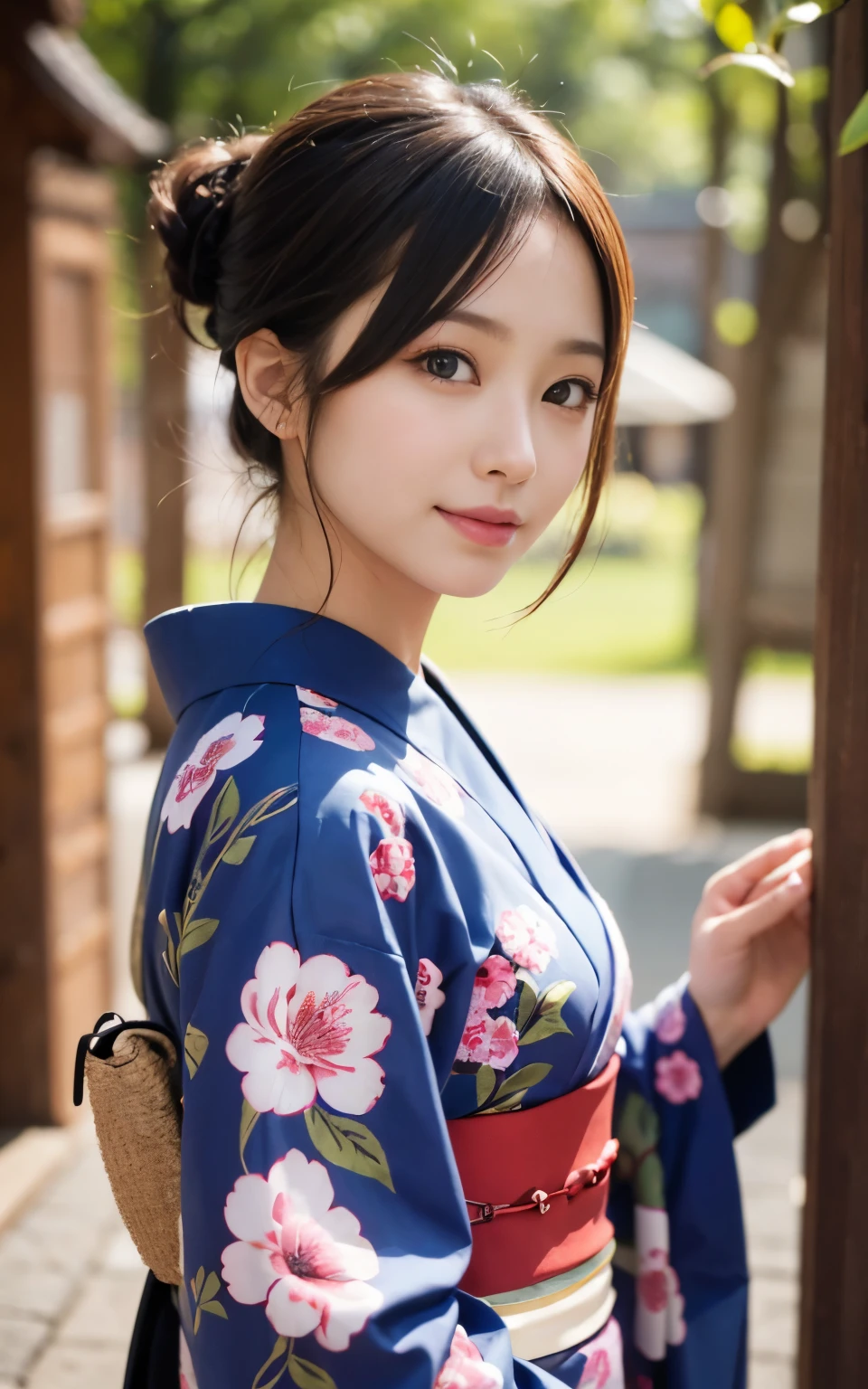 Cute 21 years old Japan、Super Detail Face、Eye of Detail、二重まぶた、beautiful thin nose、foco nítido:1.2、prety woman:1.4、(light brown hair,short cut hair, White skin、top-quality、发光、masterpiece、超A high resolution、(Photorealsitic:1.4)、kimono、日本のkimono、Japan traditions、The best smile、