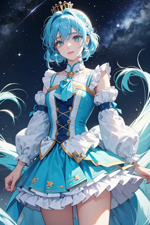 As Leo Cure Milky, her hair becomes wilder with a blue ombre at the bottom. The star on her headband turns blue insde with a crown at the top. The stars at the ends of her antennae are also blue. The turquoise parts of her outfit turn blue with her shorts now a skirt with sky blue and yellow designs on it and light blue frills at the bottom. Underneath is a darker and shorter skirt. On her back is a pale blue lion's tail.