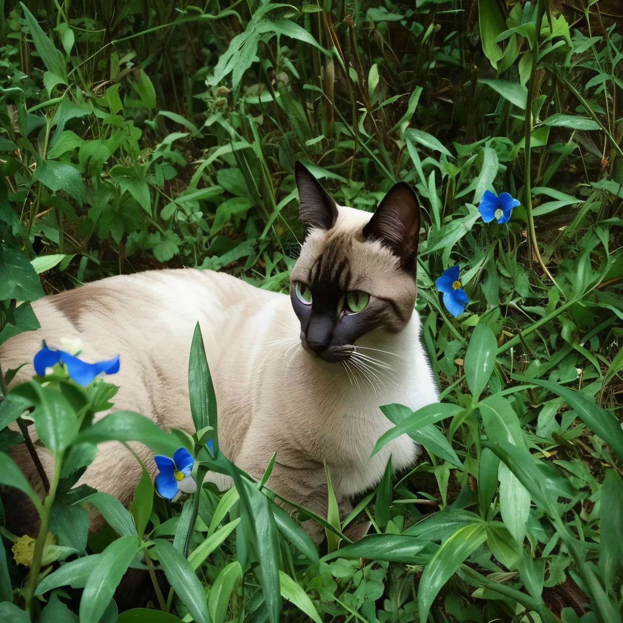 there is a Gato that is sitting na grama with blue flowers, aesthetic siamese Gato, olhos azuis, small olhos azuis, escondendo-se na grama, Gato in the forest, Gatos and plants, na grama, photo of a Gato, with olhos azuis, china olhos azuis, olhos azuis bonitos, a Gato, Gato, olhos azuis!, sitting in a field of flowers with angel halo, fundo tranquilo