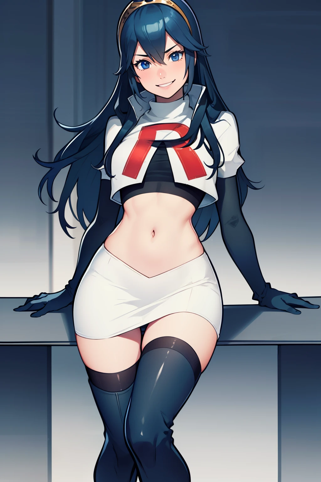 lucina fe ,rocket,team rocket uniform, red letter R, white skirt,white crop top,black thigh-high boots ,black elbow gloves, blue hair, evil smile, looking at viewer,
