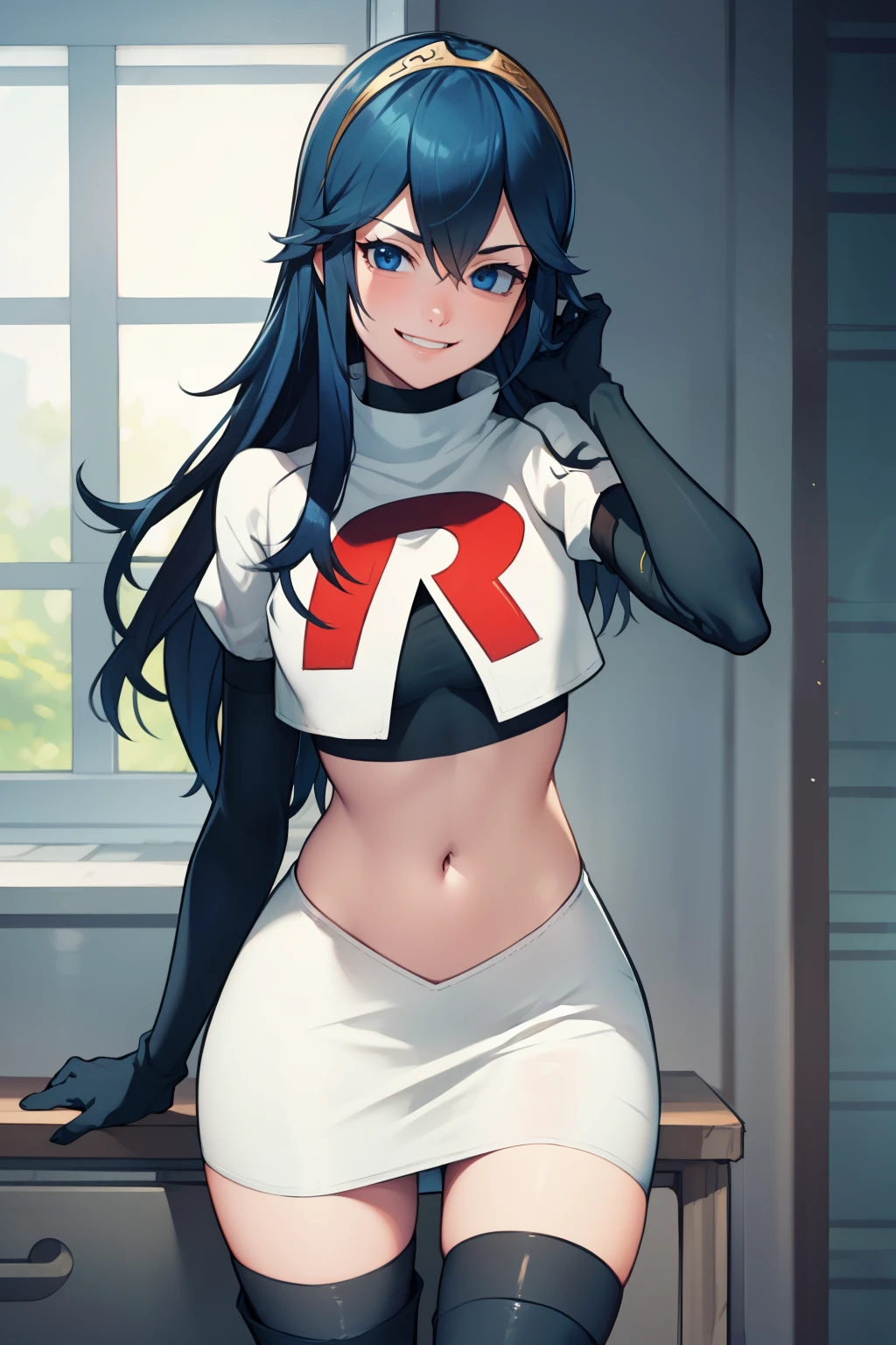lucina fe ,rocket,team rocket uniform, red letter R, white skirt,white crop top,black thigh-high boots ,black elbow gloves, blue hair, evil smile, looking at viewer,