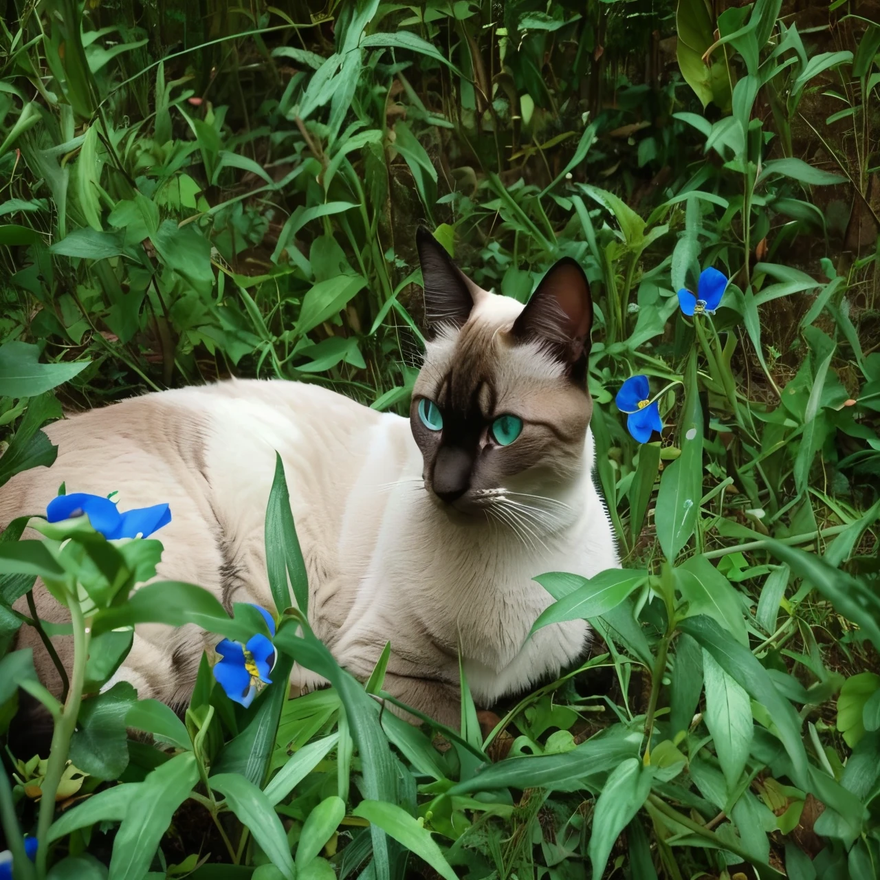there is a Gato that is sitting na grama with blue flowers, aesthetic siamese Gato, olhos azuis, small olhos azuis, escondendo-se na grama, Gato in the forest, Gatos and plants, na grama, photo of a Gato, with olhos azuis, china olhos azuis, olhos azuis bonitos, a Gato, Gato, olhos azuis!, sitting in a field of flowers with angel halo, fundo tranquilo