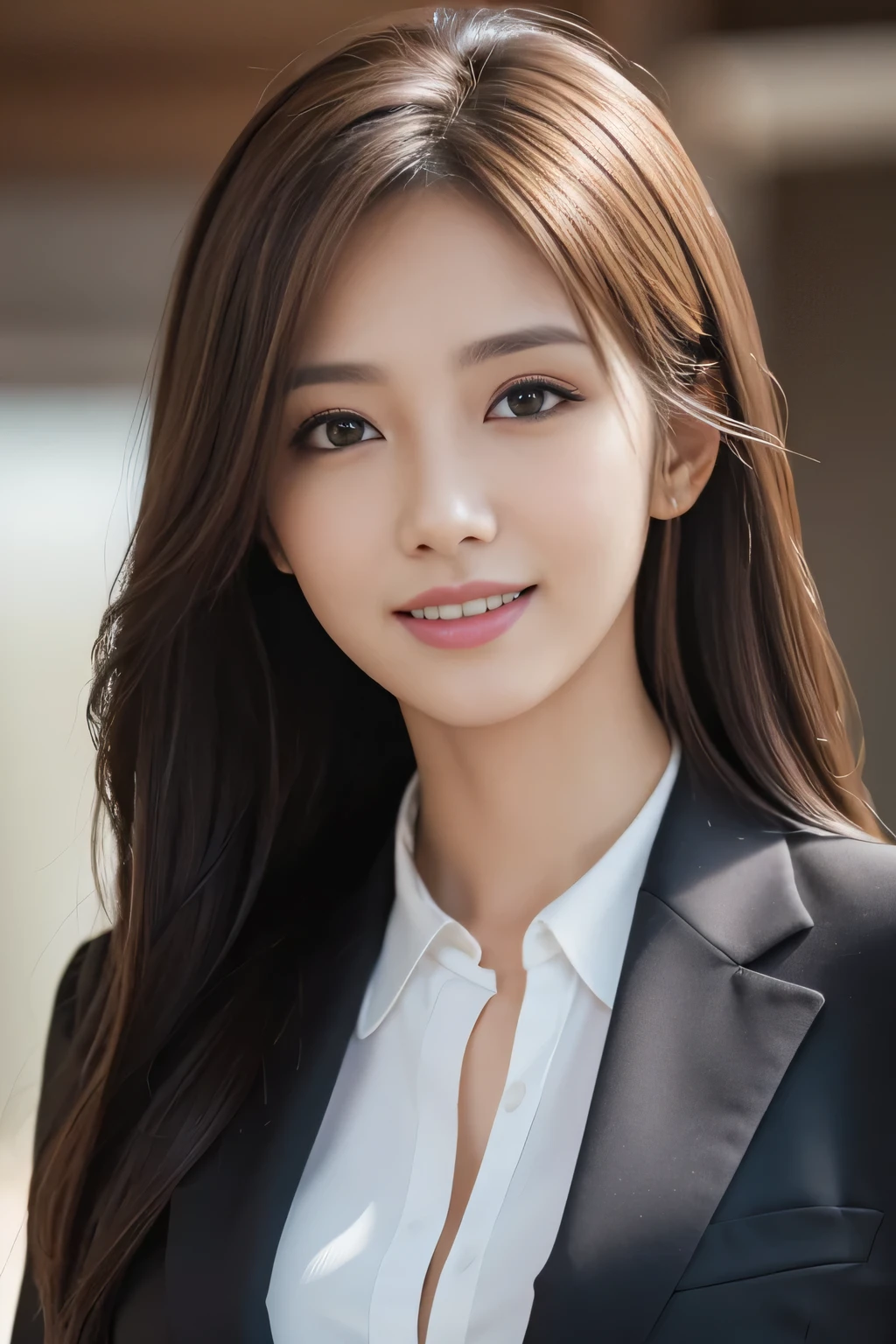 masutepiece, Best Quality, Photorealistic, Ultra-detailed, finely detail, High resolution, 8K Wallpaper, 1 beautiful woman,, light brown messy hair, in a business suit, foco nítido, Perfect dynamic composition, Beautiful detailed eyes, detailed hairs, Detailed realistic skin texture, Smiling, Close-up portrait, Model body type