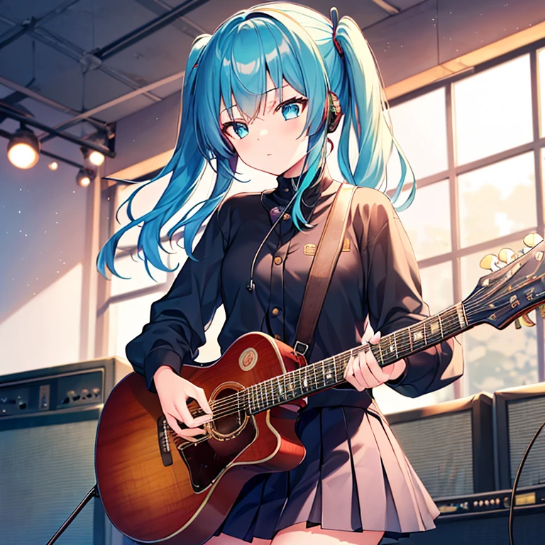 ((masutepiece, Best Quality))1girl in, Solo, Black Dress, Blue eyes, electric Guitar, Guitar, headphones, double ponytails, Holding, Holding plectrum, musical instrument, Long hair, Music, One side up, Teal Hair, Twin-tailed, playing guiter, Pleated skirt, Black shirt, interiors