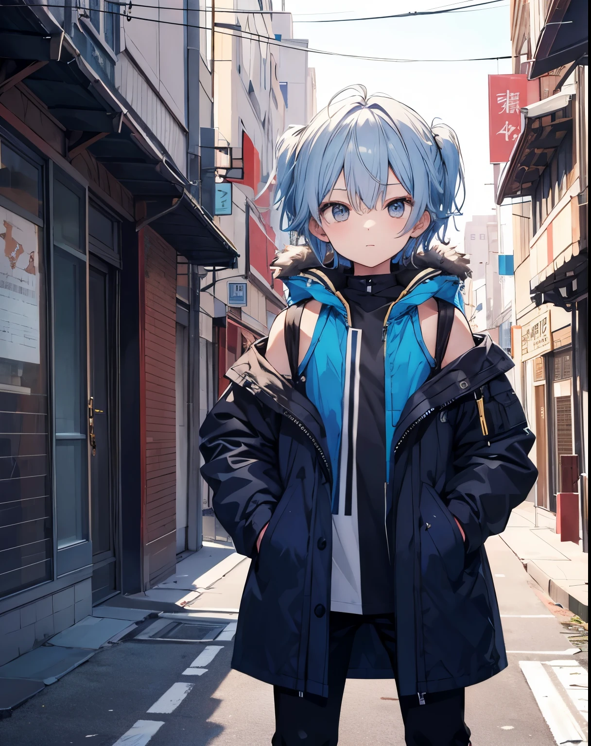 masterpiece,male child,独奏,Very short,blue hairs,parka,off shoulders:1.2, , street,Hands on the hips, hands on pockets,