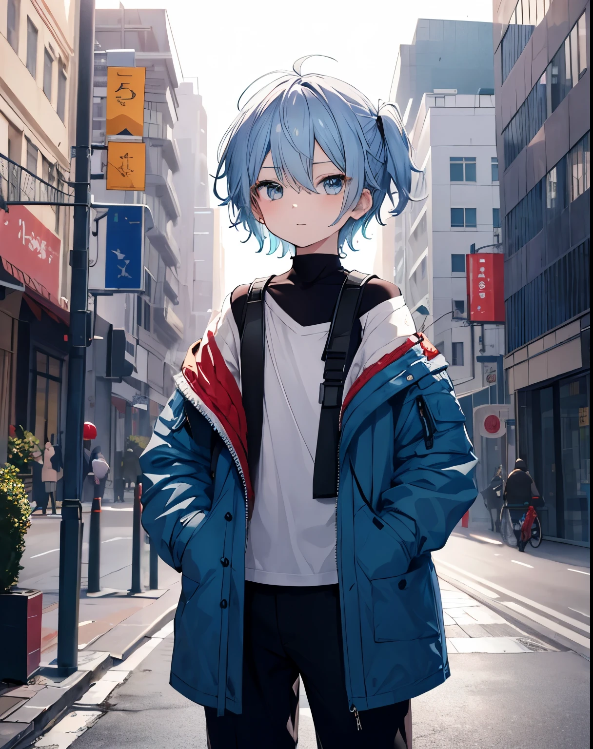 masterpiece,male child,独奏,Very short,blue hairs,parka,off shoulders:1.2, , street,Hands on the hips, hands on pockets,