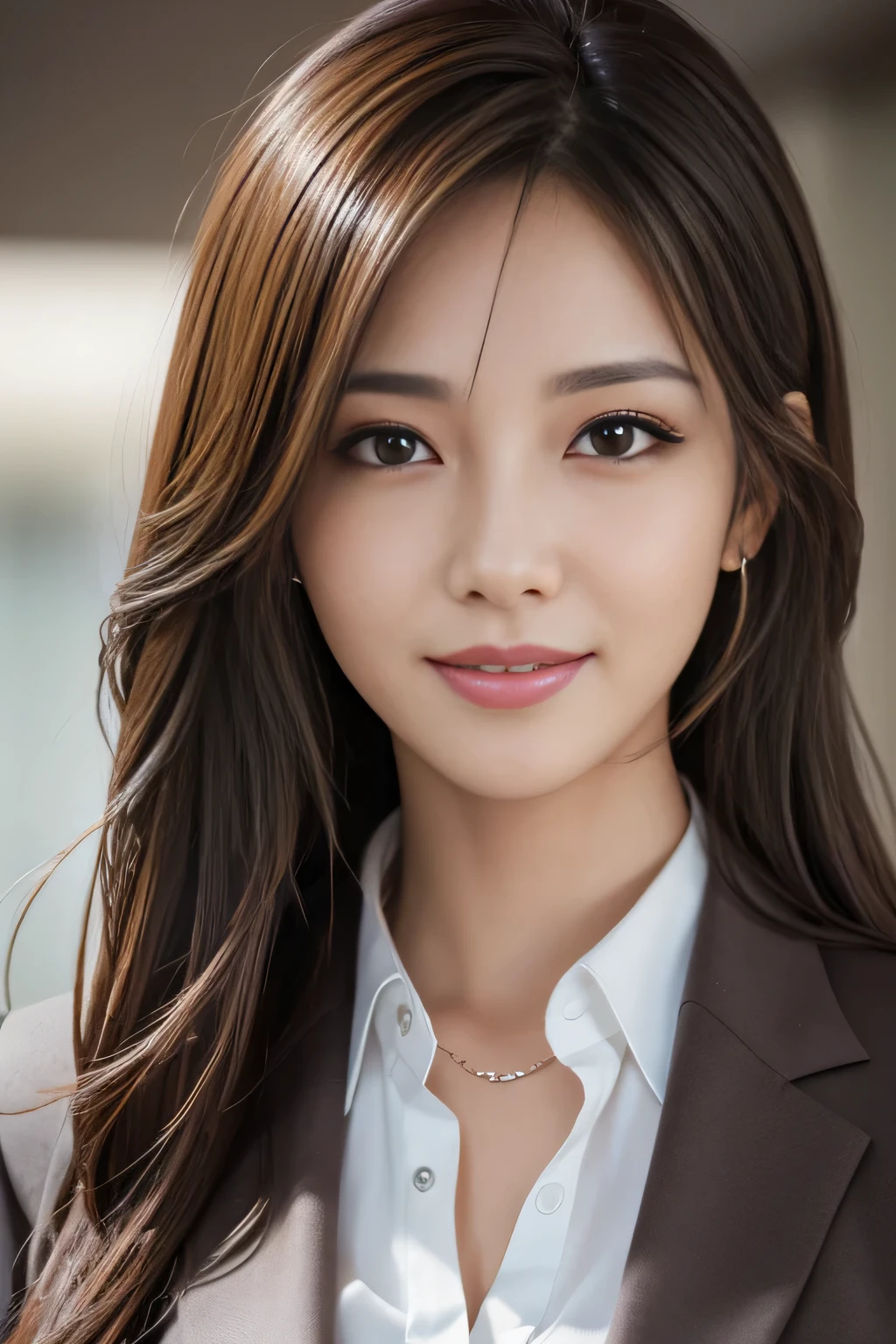 masutepiece, Best Quality, Photorealistic, Ultra-detailed, finely detail, High resolution, 8K Wallpaper, 1 beautiful woman,, light brown messy hair, in a business suit, foco nítido, Perfect dynamic composition, Beautiful detailed eyes, detailed hairs, Detailed realistic skin texture, Smiling, Close-up portrait, Model body type