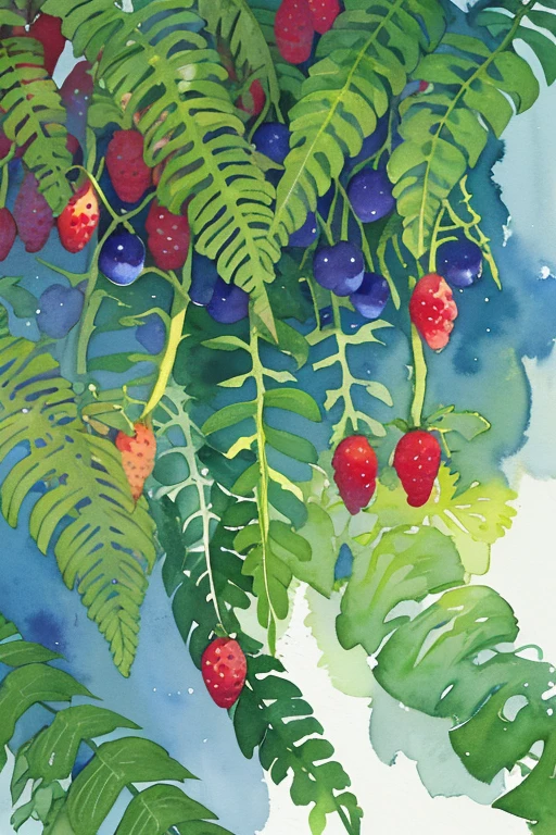 ((Ultra Detailed),#3B4195 Background,Beautiful flowers,Berries,fern,leaves,Watercolor pattern in calm colors),(Watercolor texture),