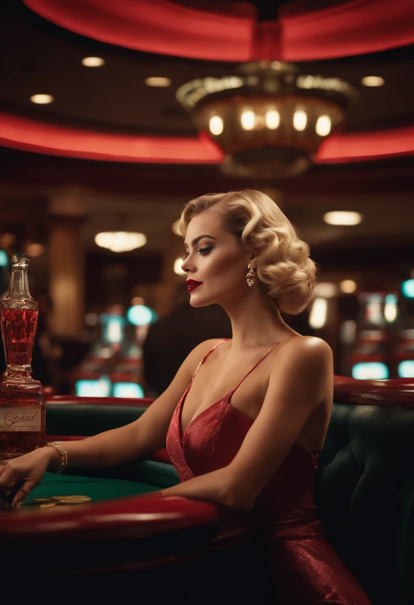 (best quality,4k,8k,highres,masterpiece:1.2),ultra-detailed,(realistic,photorealistic,photo-realistic:1.37),Margot Robbie dressed as a pin up,smoking a cigarette in a casino,retro,glamorous,red lips,blonde hair,casino chips,faint smoke curling in the air,vibrant and contrasting colors,bright neon lights,stunning art deco architecture,sparkling diamonds,cigarette holder,mysterious and seductive atmosphere,playful and confident expression,alluring gaze,classic black dress,feathers boa,reflection in a mirror,whiskey glass,roulette table,cocktail waitress serving drinks,exquisite makeup,dreamy and lavish surroundings,rich and elegant interior,heavy velvet curtains,exquisite crystal chandeliers,excitement and anticipation in the air,rouge cheeks,smoky eye makeup,authentic vintage casino ambiance,rhythmic jazz music,genuine vintage slot machines,exclusive VIP area,extravagant gold accents,red velvet ropes,smoke-filled room,enticing and glamorous entertainment,distinctive retro fashion,wide-brimmed hat with a feather,high heels,casino floor filled with activity and energy,captivating and nostalgic atmosphere.
