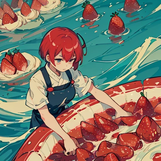 A pastry chef covered in boiling kelp parfait ramen serving a giant kelp、Amazing dynamism、Amazing Angle、Whirlpool sandstorm of unstable buoyancy、(((Many friendly strawberry farmers will float closely and chase each other.)))、surround each other'large baked apple、