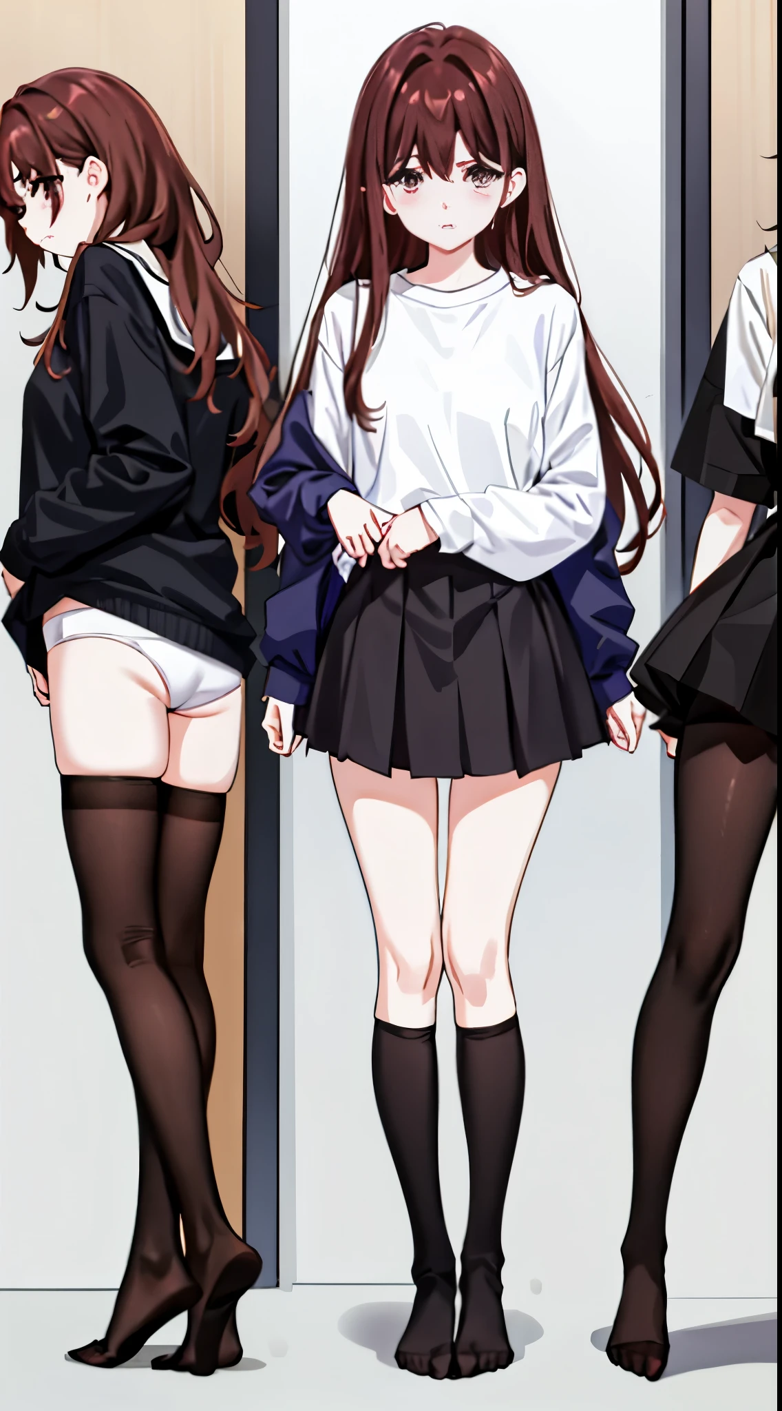 (masuter piece、hightquality)、perfect eyes、最hightquality、(Full body portrait)、Symmetrical composition、Composition from the front、One lady、(Full body figure from head to toe)、(small tits)、Slim Faces、a small face、Beautiful and cute face、((white panties)Black tights)、(Black tights)、(Black pantyhose)、Changing clothes、slim and slender legs、Precise size and balance of upper and lower body、(white panties)、17age、Schoolgirl with mature body type、A high school girl with long、Stand on your own two feet、School locker room、white t-shirts、Panchira、Composition from the front、brown colored long hair、bangss、red blush、Embarrassed look、Black pantyhoseの中にwhite pantiesを履く、(No shoes)、Japanese high school girl、during daytime、(small tits)