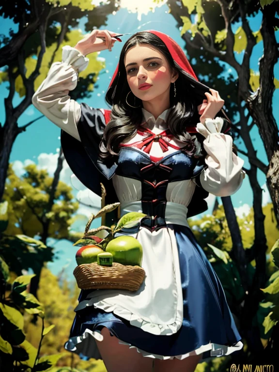 extremamente bonita branca de neve, maquiagem sutil, hora dourada, fotorrealista, alto contraste, 8k HD, detalhado, hiper-detalhado, (cabelo escuro curto bob encaracolado), textura de pele realista, peito grande, melhor qualidade, ultra alta res, foto crua, lighting dramatic, motor irreal, brilho difuso, (mangas inchadas azuis top:1.1), saia amarela:1.1), (grabbing a toxic green poison apple), castelo detalhado realista, donzela justa,  romance, magia e bruxas, contos sombrios,destemida branca de Neve