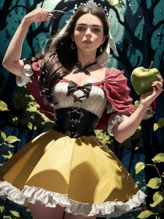 extremamente bonita branca de neve, maquiagem sutil, hora dourada, fotorrealista, alto contraste, 8k HD, detalhado, hiper-detalhado, (cabelo escuro curto bob encaracolado), textura de pele realista, peito grande, melhor qualidade, ultra alta res, foto crua, lighting dramatic, motor irreal, brilho difuso, (mangas inchadas azuis top:1.1), saia amarela:1.1), (grabbing a toxic green poison apple), castelo detalhado realista, donzela justa,  romance, magia e bruxas, contos sombrios,destemida branca de Neve