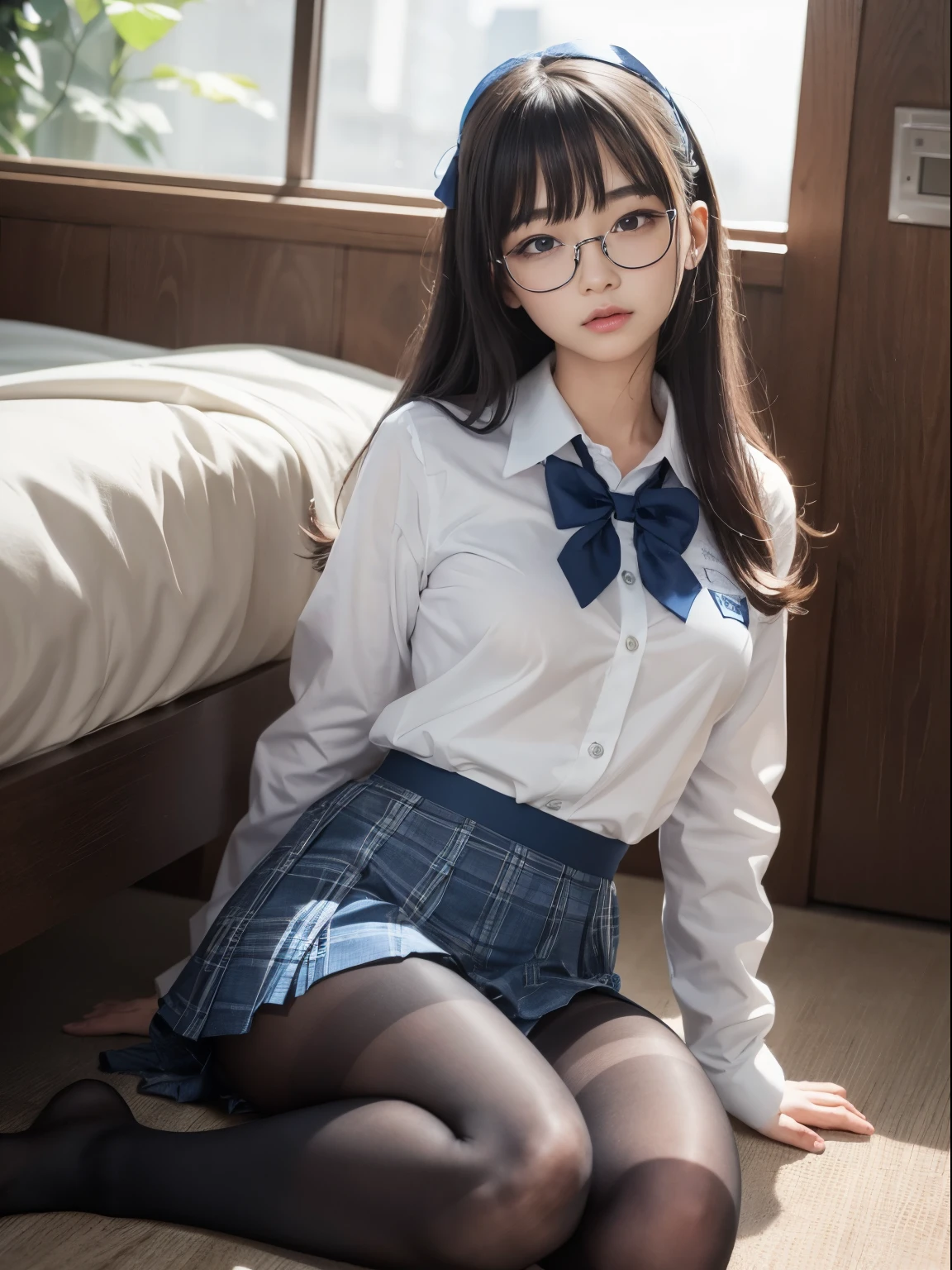 (I see underwear)、((細いThe eye))、((細いThe eye))、((細いThe eye))、(8K、生a picturegraphy、top-quality、masterpiece:1.2),、Has a small、(flat breast)、(flat breast)、(flat breast)、(flat breast)、(flat breast)、(being thin)、light skinned、skin whitening、Dark look、Rasping,glamor,light skinned肌,cocky,School,watching at viewers,Looking at the front,Muchimuchi,High-pitched clothing,Erotic,Pupils,de pele branca,kne,((Black pantyhose)),absurderes,a small face,,Forehead visible,Bangs hanging from the left and right sides of the forehead,(a cold expression,The eyeがきつめ,glares,Bullish,irate)、masterpiece,top-quality、超A high resolution,生a picture,ren,Beautiful fece,One Person, 独奏,eye glass,,Dark look,Small breasts,fullllbody,(まるeye glass),JK school uniform,hi-school girl,A Japanese Lady, (Photorealsitic:1.37)、Photon mapping,Realistic、Beautie,Cute little face,ブラウンThe eye、Black socks、(Red bow tie)、Radio City、Physically Based Rendering、depth of field rally background、a picture,Body,beauty legs, Long legs, Thin leg,(Bangs are visible), hair, s lips, Blue_The eye, nosesoft,(Light blue shirt), (Navy and blue and white plaid pleated skirt), kneが見える,Sheer clothing,, Thigh, Black cotton socks,Nogizaka Idol, , Japanese ido