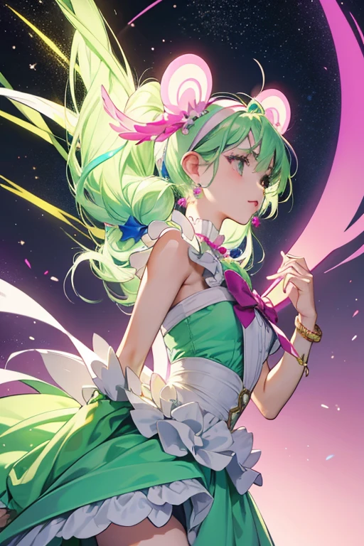 As Cancer Cure Milky, her hair is now styled in short twin-tails held by dark magenta baubles and has a light green gradient. The star on her headband is now green, as are the stars on her antennae, and she gains gold hair ornaments shaped like closed crab claws. Her outfit remains the same as her previous form, but the turquoise parts are bright green. Her skirt is puffy with light green and pink designs on it and opens in the front. The bow in the back is now light pink and her earrings become dark magenta baubles.
