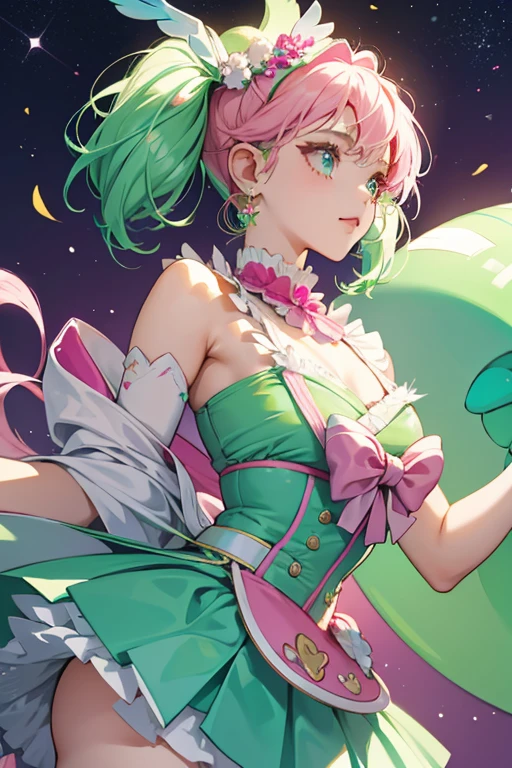 As Cancer Cure Milky, her hair is now styled in short twin-tails held by dark magenta baubles and has a light green gradient. The star on her headband is now green, as are the stars on her antennae, and she gains gold hair ornaments shaped like closed crab claws. Her outfit remains the same as her previous form, but the turquoise parts are bright green. Her skirt is puffy with light green and pink designs on it and opens in the front. The bow in the back is now light pink and her earrings become dark magenta baubles.