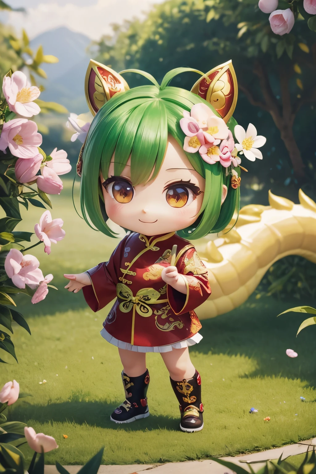 text:&quot;Welcome Spring&quot;, masterpiece, (chibi, super deformed, full body), cute Chinese dragon, threatening