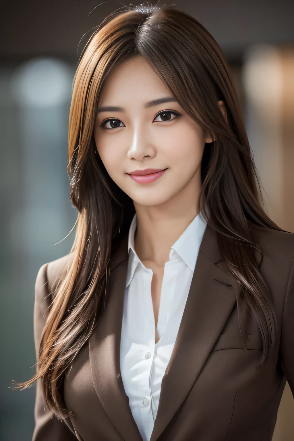 masutepiece, Best Quality, Photorealistic, Ultra-detailed, finely detail, High resolution, 8K Wallpaper, 1 beautiful woman,, light brown messy hair, in a business suit, foco nítido, Perfect dynamic composition, Beautiful detailed eyes, detailed hairs, Detailed realistic skin texture, Smiling, Close-up portrait, Model body type