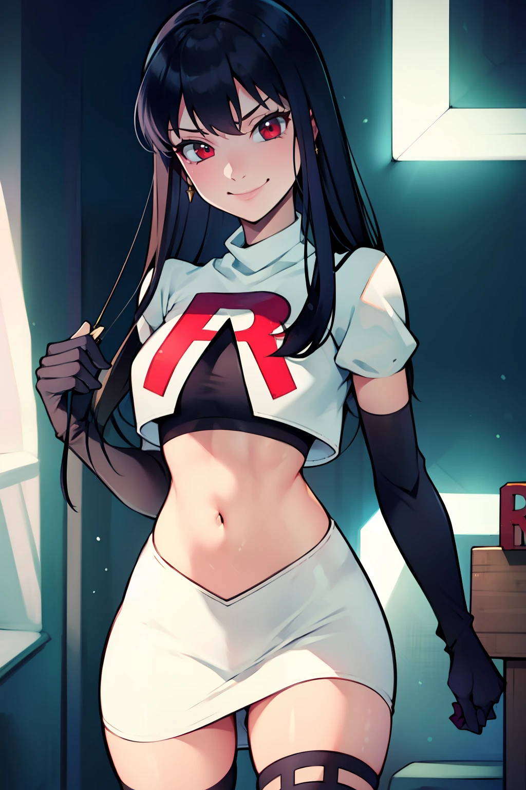 pokemon dawn, black hair, blue eyes, side lock, long hair, beanie hat, glossy lips, light makeup, eye shadow, earrings ,Team Rocket,Team Rocket uniform, red letter R, ,white crop top,black thigh high boots, black elbow gloves,evil smile, looking down on the audience, Completely naked、Push the red vibrator into your vagina as hard as possible　Mekosuji、shaved pussy、spread one leg wide, Spread the genitals wide and drip the pussy juice.