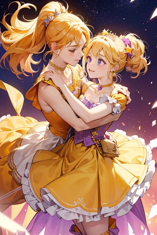 As Cure Soleil, her eyes brighten and hair turns bright blonde and lengthens to her thighs, entirely pulled back in a ponytail. She wears two purple headbands decorated with a yellow and orange star on the right and a gold beaded tiara with a star in the middle. Her dress is mostly orange with yellow designs and pale cream ruffles at the bottom that is slightly shorter on the left. Around her waist is a belt made of stars with a purple translucent ruffle and an additional orange and yellow layer. On the left is her carrying pouch for her Star Color Pens. The dress also has white straps with golden yellow and white ruffles along the neck with her Star Color Pendant in the middle. Her boots are light yellow and orange with stars that resemble her hairpiece on the top of each. Her accessories include yellow and white wristbands, a purple choker, and matching earrings