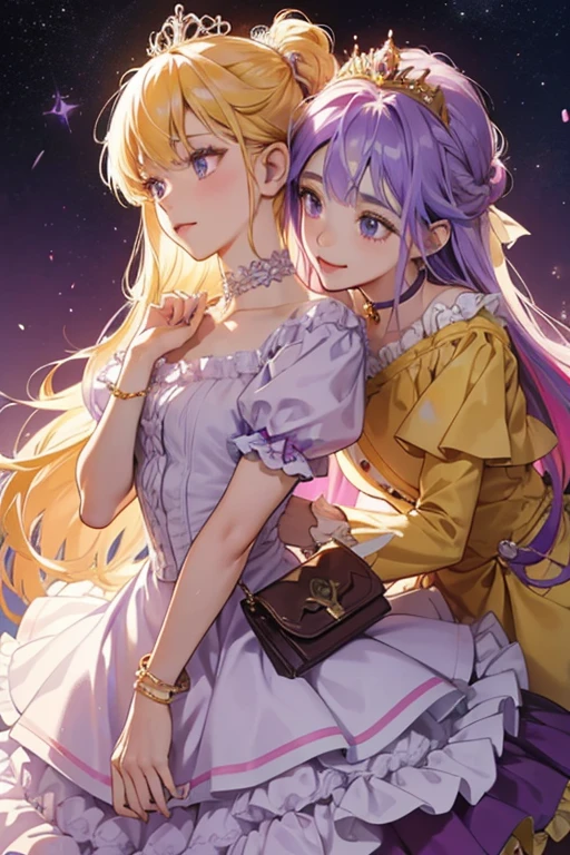 her hair grows more and is decorated with stars. While one of her headbands turns into a purple and white tiara, the other is replaced with a golden one with multicolored stars. Her star hairpiece is now smaller and appears on both sides of her head while her choker is lined with white ruffles. Her dress now matches the length of her hair, with the light yellow and purple ruffles larger, with a deep orange layer added under it The pouch has a lilac ribbon flowing from it. The ruffle on top of the dress now covers just her left shoulder with an additional translucent purple ruffle and a red rose accenting the pendant. On her upper arms are three gold bracelets, with two additional ones on her wrists with purple ruffles. Her boots remain the same, but gain a purple ruffle.