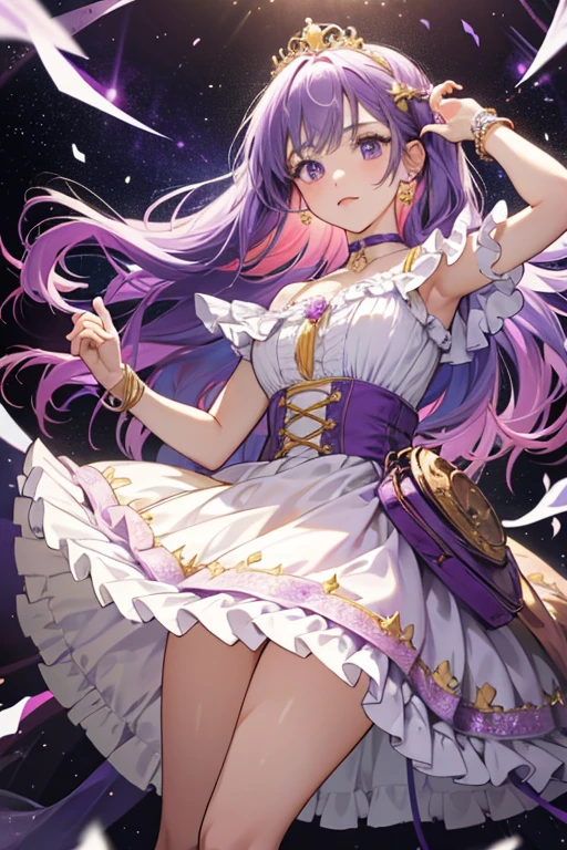 her hair grows more and is decorated with stars. While one of her headbands turns into a purple and white tiara, the other is replaced with a golden one with multicolored stars. Her star hairpiece is now smaller and appears on both sides of her head while her choker is lined with white ruffles. Her dress now matches the length of her hair, with the light yellow and purple ruffles larger, with a deep orange layer added under it The pouch has a lilac ribbon flowing from it. The ruffle on top of the dress now covers just her left shoulder with an additional translucent purple ruffle and a red rose accenting the pendant. On her upper arms are three gold bracelets, with two additional ones on her wrists with purple ruffles. Her boots remain the same, but gain a purple ruffle.