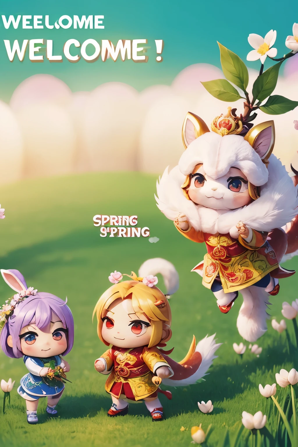 (text:"Welcome Spring":1.4), masterpiece, (chibi, super deformed, full body), cute Chinese dragon, threatening