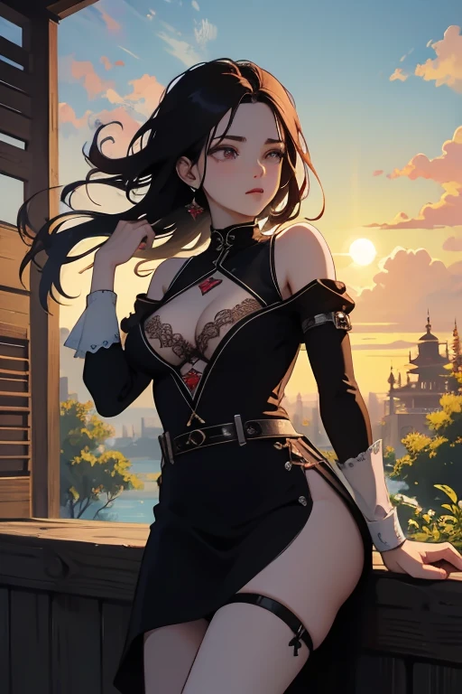 medieval setting, full view of body, 1 skinny female with large breast, beatiful smokey green eyes, black hair pinned up, elegant off-shoulder strapless midi dress, red scarf around her neck, eerie sunset