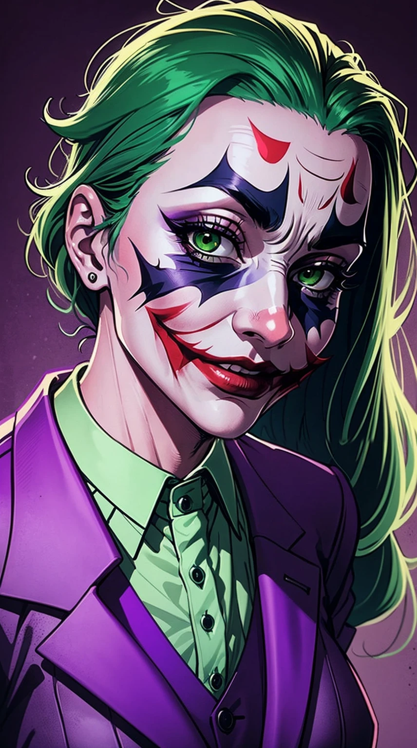 Joker dressed as a girl, green hair, green eyes, purple pants, purple suit, close up the face, portrait